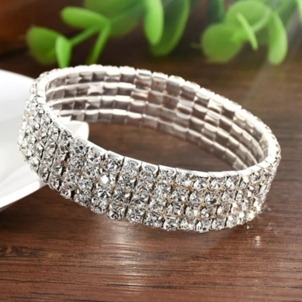 Stretchy Rhinestone Tennis Bracelet Wide Layered Band Bangle Bracelet
